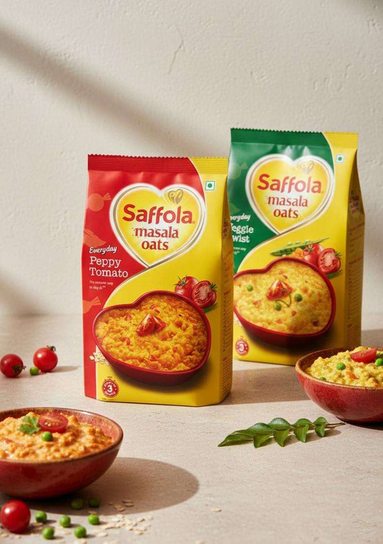 Saffola Masala Oats, Tasty Evening Snack, Peppy Tomato, 500G & Veggie Twist, - Indya