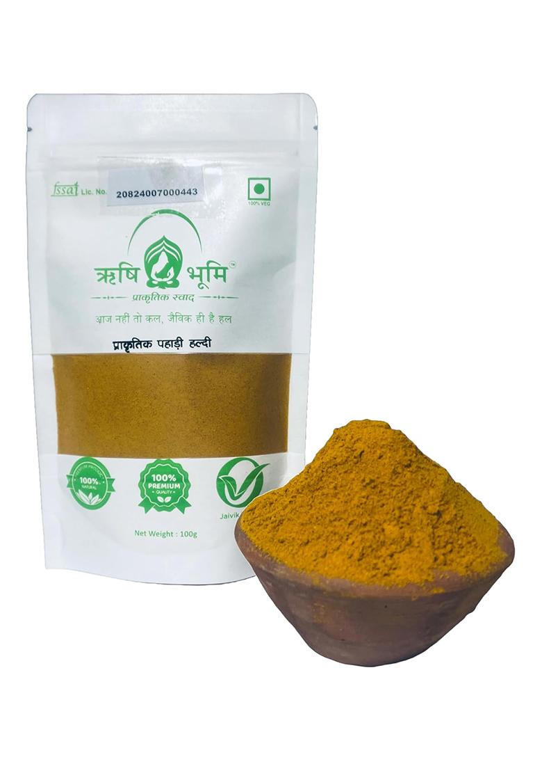 Rishi Bhoomi Natural Hill Turmeric Powder, / 100% Ayurvedic & 10 To 12% High Curcumin Certified Anti-Oxidant Anti Cancer Properties Solar Dried Cold Pressed Sourced From Hills Of Uttarakhand | Pack 100 Gram