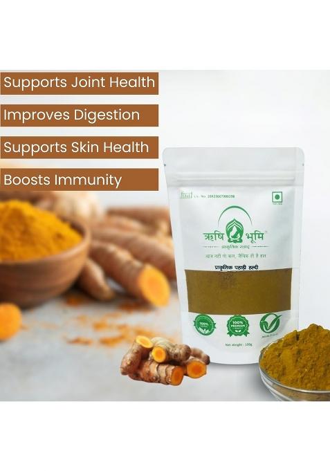 Rishi Bhoomi Natural Hill Turmeric Powder, / 100% Ayurvedic & 10 To 12% High Curcumin Certified Anti-Oxidant Anti Cancer Properties Solar Dried Cold Pressed Sourced From Hills Of Uttarakhand | Pack 100 Gram