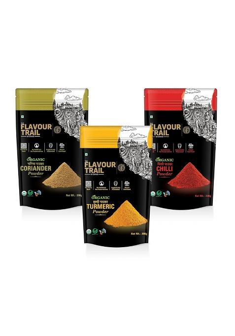 The Flavour Trail By Swani Ctc Spice Combo - Organic Red Chilli Powder + Turmeric Powder, Coriander 200 Gms Each | Organically Farmed Pesticide-Free "