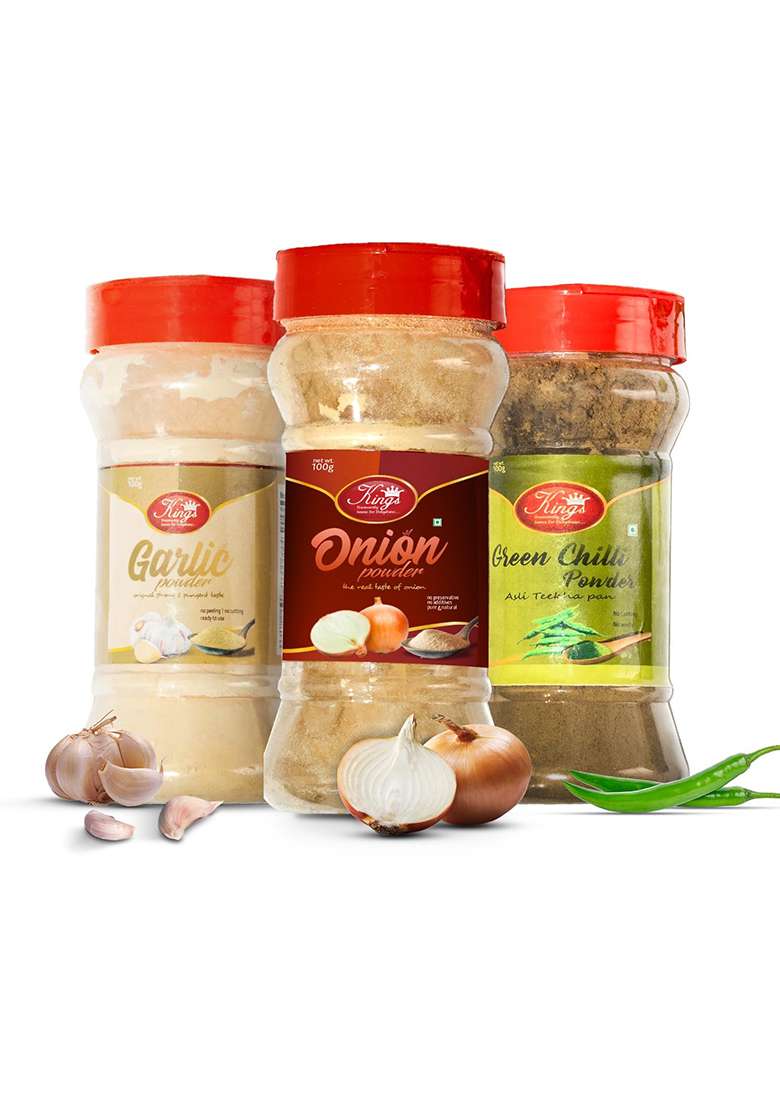 Kings Combo Pack Of Ginger, Garlic And Onion Powder, Healthy Addition To Your Kitchen, Including Pure Ingredients, No Preservatives Or Additives, Easy Use Store (300Gm, 3) 100Gm Each - Indya
