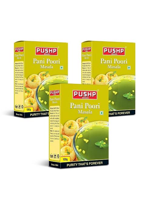 Pushp Brand Panipuri Masala 100G | Pack Of 3 Pani Puri Golgappa Puchka Chatpata Tangy & Spicy Street-Style Mint Tamarind Mix Authentic Indian Street Food Spice Blend No Artificial Flavour