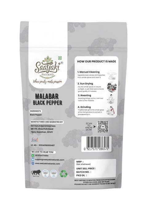 Saatyaki Naturals Malabar Black Pepper Fresh & 100% Natural For Cooking Seasoning (100Gm)