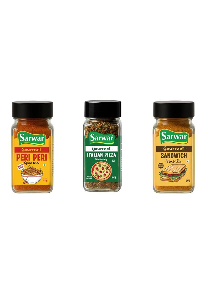 Sarwar Seasoning Combo Peri 50G, Italian Pizza 60G & Sandwich Masala | Spices For Pizza, Sandwiches, Fries Snacks Multipurpose Spice Mix Pack