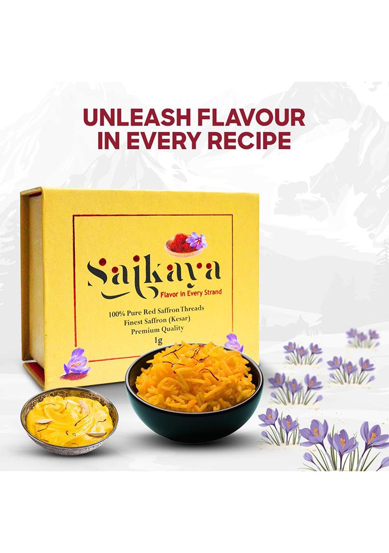 Saikaya Pure & Fresh Saffron Threads 1Gm | 100% Organic Kesar, Hand-Picked, Rich Aroma Color For Culinary And Health Use
