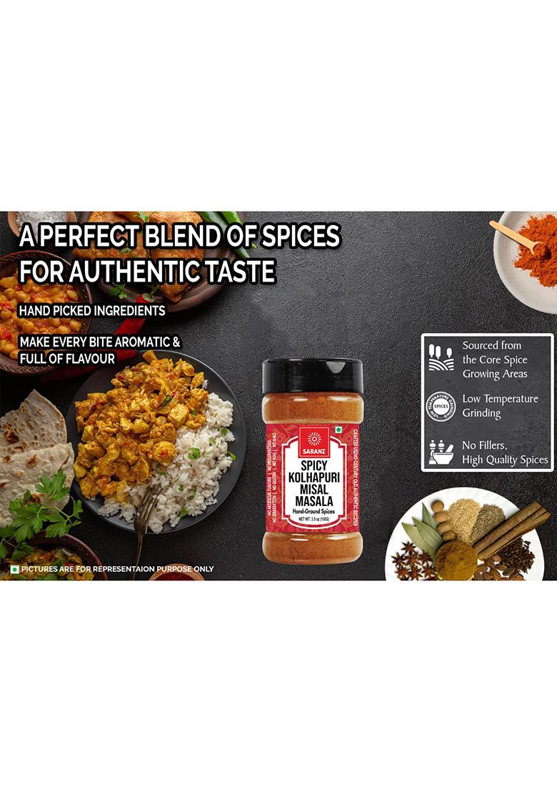 Saranz Spicy Kolhapuri Misal Masala Perfect For Cooking, Ready To Use Made With Dried Red Chilies, Cumin, Coriander Seeds, Black Pepper, Cloves, Cardamom|Kolhapuri Used In Pav, Veg Kohlapuri, Usal, Paneer Kohlapuri -100 Grams Sprinkler Jar