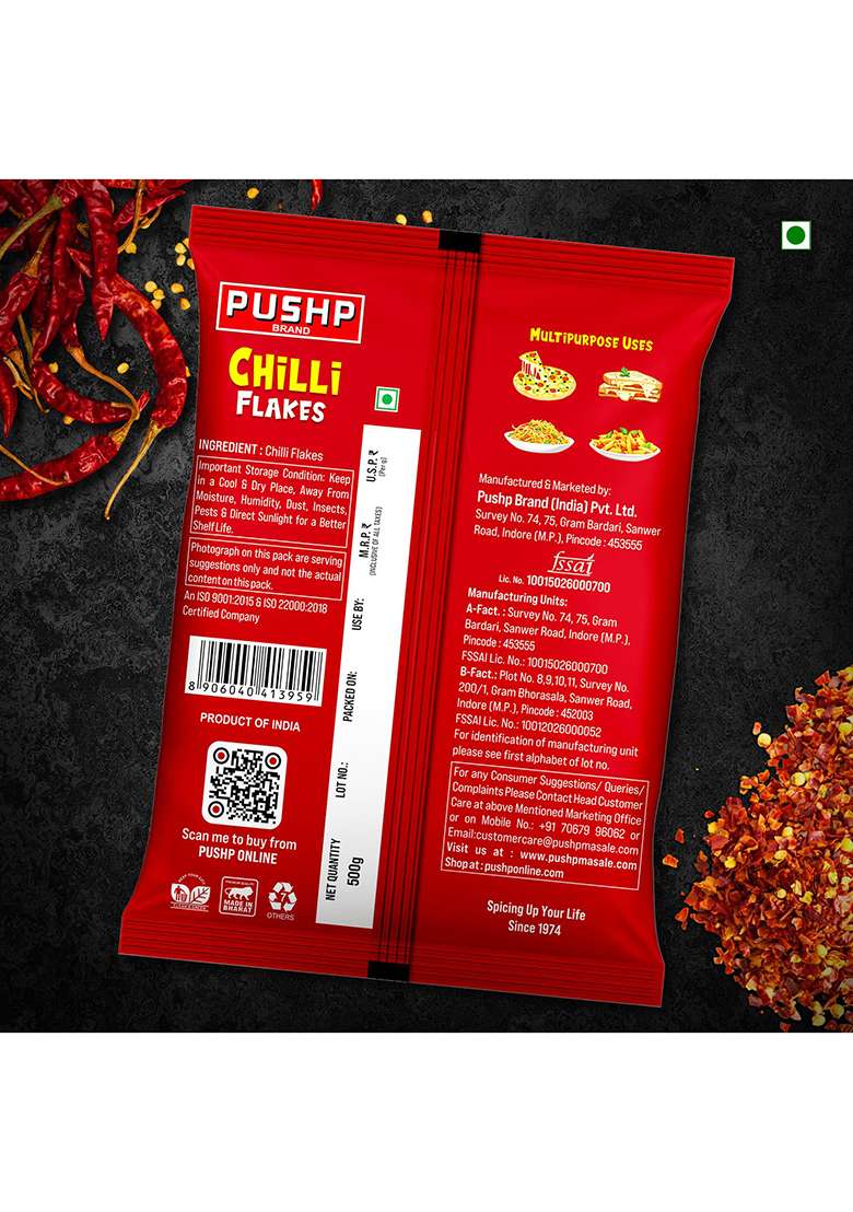 Pushp Brand Chilli Flakes | 500G Pouch Premium Spicy Seasoning For Pizza, Pasta & Cooking Toppings (Pack Of 1) - Indya