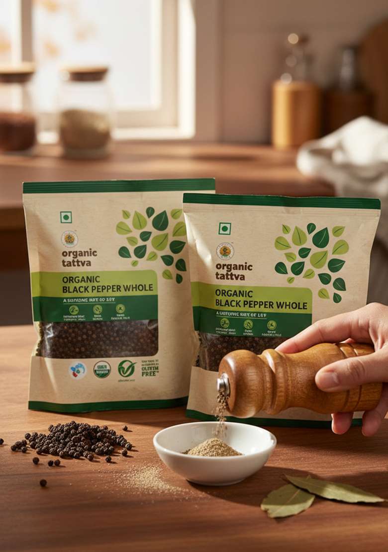 Organic Tattva Tattva, Black Pepper (Kali Mirch) Whole/Sabut- 200 Gram | 100% Vegan, Gluten Free And No Additives - Indya