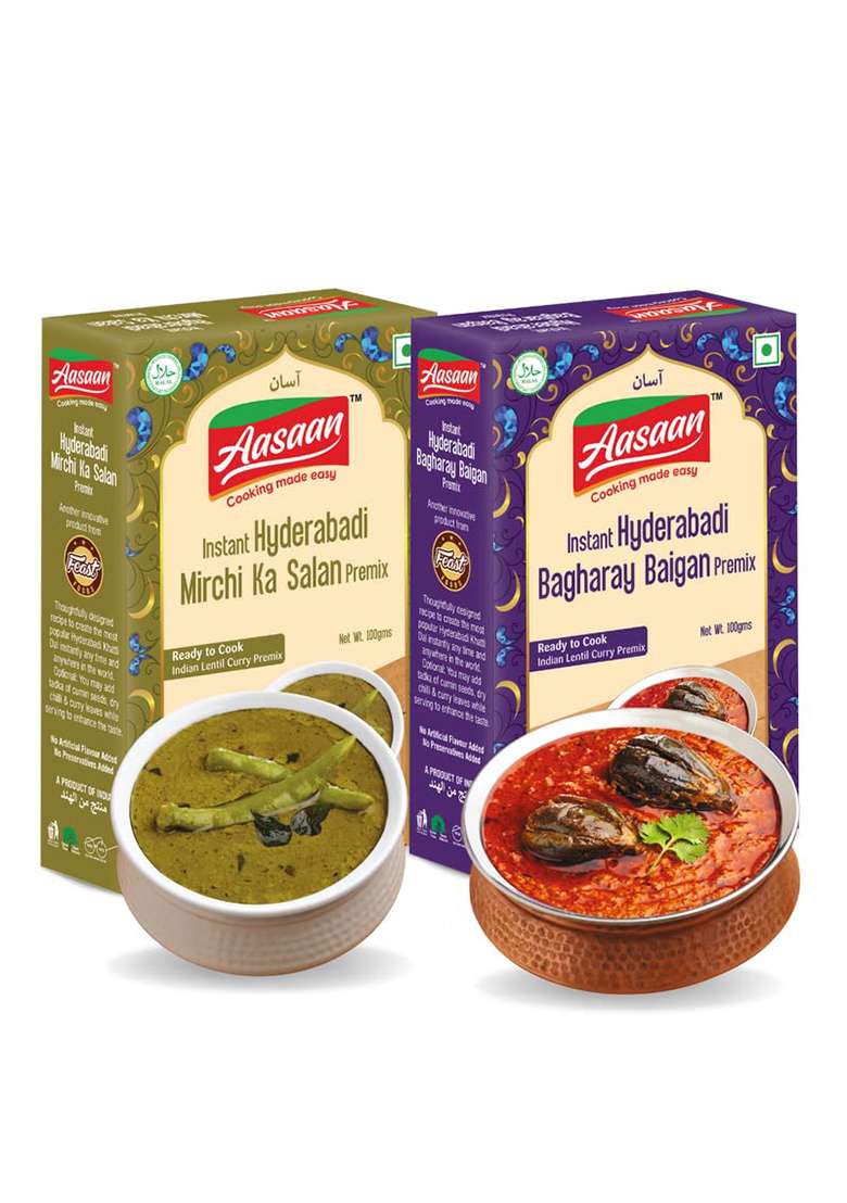 Aasaan Hyderabadi Instant Mirchi Ka Salan & Bagharay Baigan Authentic Ready-To-Cook Combo For Biryani - Indya