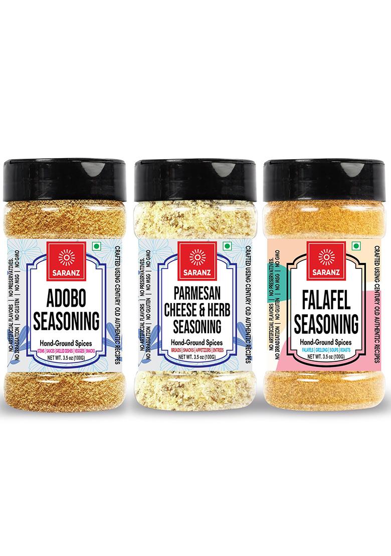 Saranz Parmesan Cheese & Herb, Falafel Exotic Adobo Seasoning ( Combo Pack Of 3 ) Made With Fresh Herbs | Used Meat, Tofu, Veggies, Pizza, Pasta Etc Making Delicious Cheesey Snacks Naturally Picked Spices 100 Gm Sprinkler Jar