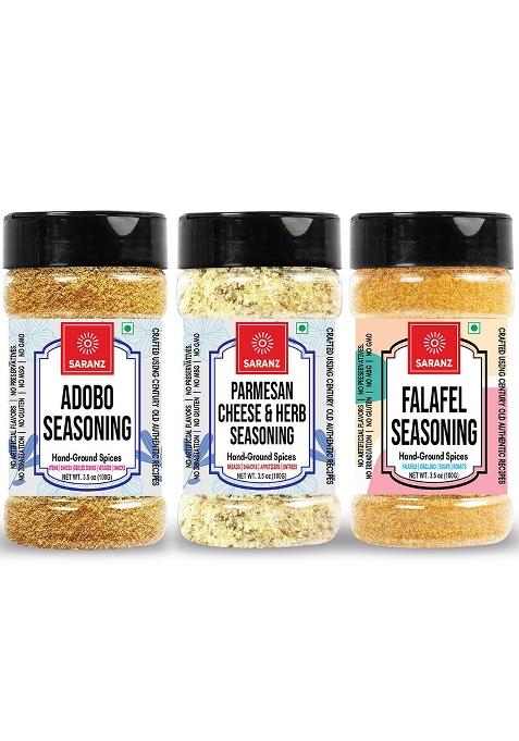 Saranz Parmesan Cheese & Herb, Falafel Exotic Adobo Seasoning ( Combo Pack Of 3 ) Made With Fresh Herbs | Used Meat, Tofu, Veggies, Pizza, Pasta Etc Making Delicious Cheesey Snacks Naturally Picked Spices 100 Gm Sprinkler Jar