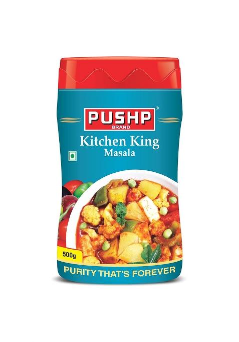 Pushp Brand Kitchen King Jar (500Gram Pack Of 1) - Anise, Bay, Caraway, Cardamom, Cinnamon, Cumin, Fennel, Fenugreek, Garlic, Ginger, Mint, Turmeric, Powder