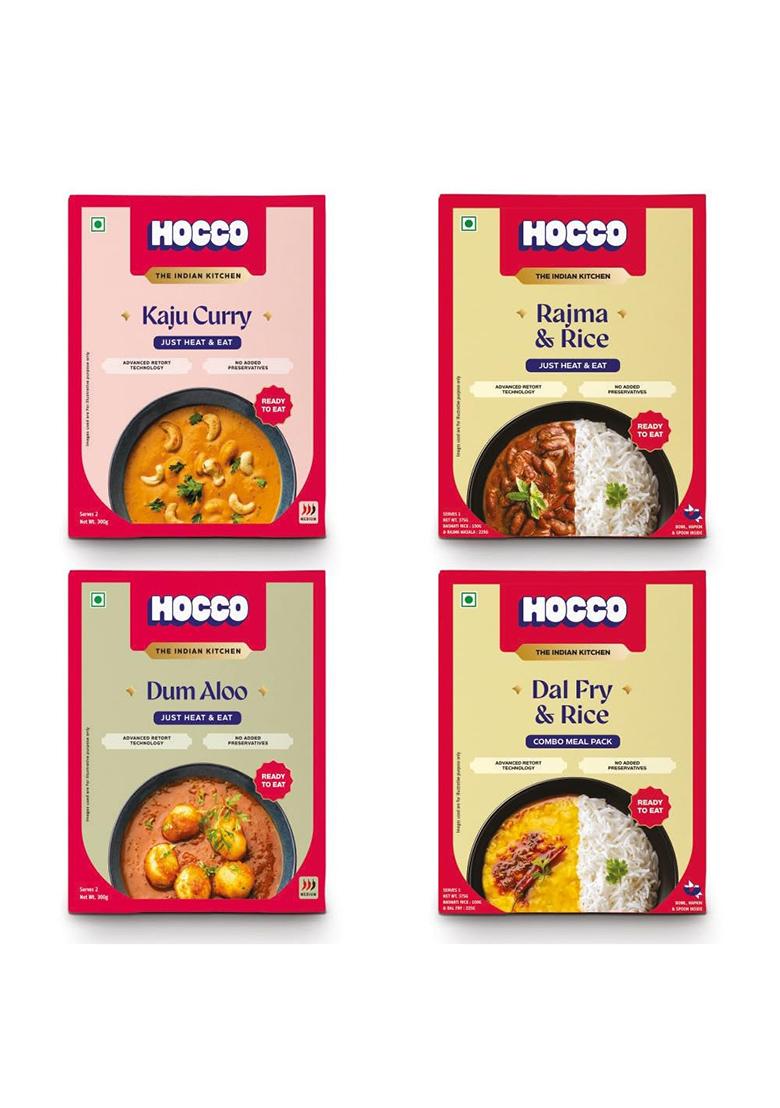 Hocco Ready To Eat Combo Pack Of 4 (Kaju Curry (300G), Dum Aloo Dal Fry & Rice (375G), Rajma (375G) | Heat Indian Meals No Preservatives Serves 2 Instant Veg Meal