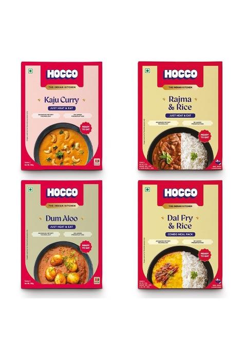 Hocco Ready To Eat Combo Pack Of 4 (Kaju Curry (300G), Dum Aloo Dal Fry & Rice (375G), Rajma (375G) | Heat Indian Meals No Preservatives Serves 2 Instant Veg Meal