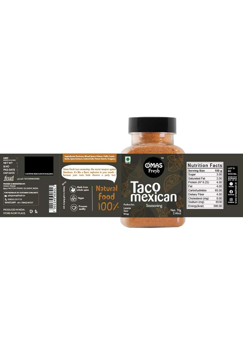 Omas Fresh Taco Mexican Seasoning 70G Perfect For Pizza, Pasta, Spaghetti, Bruschetta, Minestrone Soup | & Flavourful Zero Added Colours, Fillers, Additives Preservatives Cholesterol Free, Trans Fat-Free - Indya