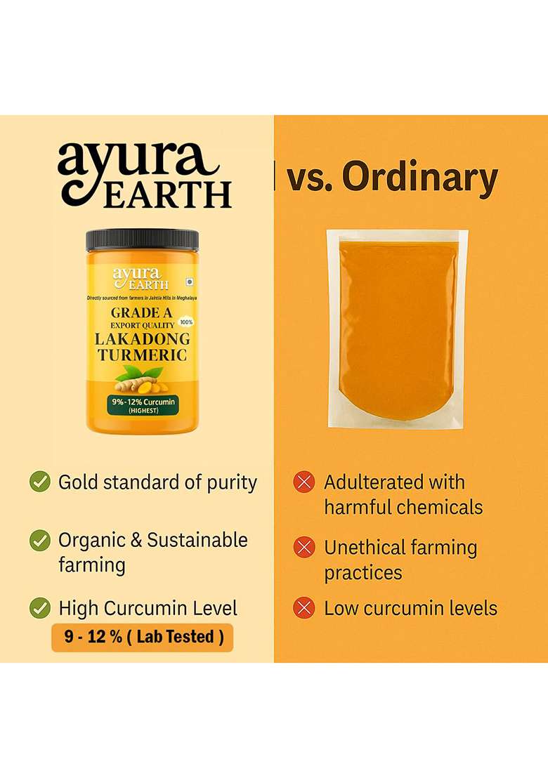 Ayuraearth Lakadong Turmeric Powder (250Gm) From Meghalaya | 10% High Curcumin 100% Organic & Pesticide-Free Single Origin Fresh Harvest - Indya