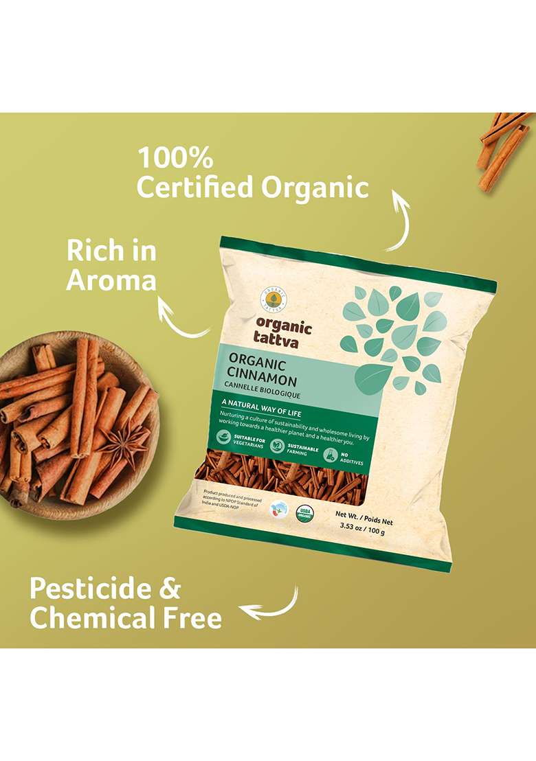 Organic Tattva Cinnamon Sticks | Gluten Free Dalchini Stick Whole Natural & Aromatic Spice For Cooking, Baking Beverages 50G Pack - Indya