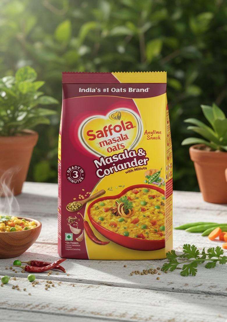 Saffola Masala Oats | 550G Coriander Tasty, Anytime Snack Ready In 3 Mins Millets Goodness- With Ragi & Jowar No Maida , Added Preservatives Helps Manage Weight - Indya