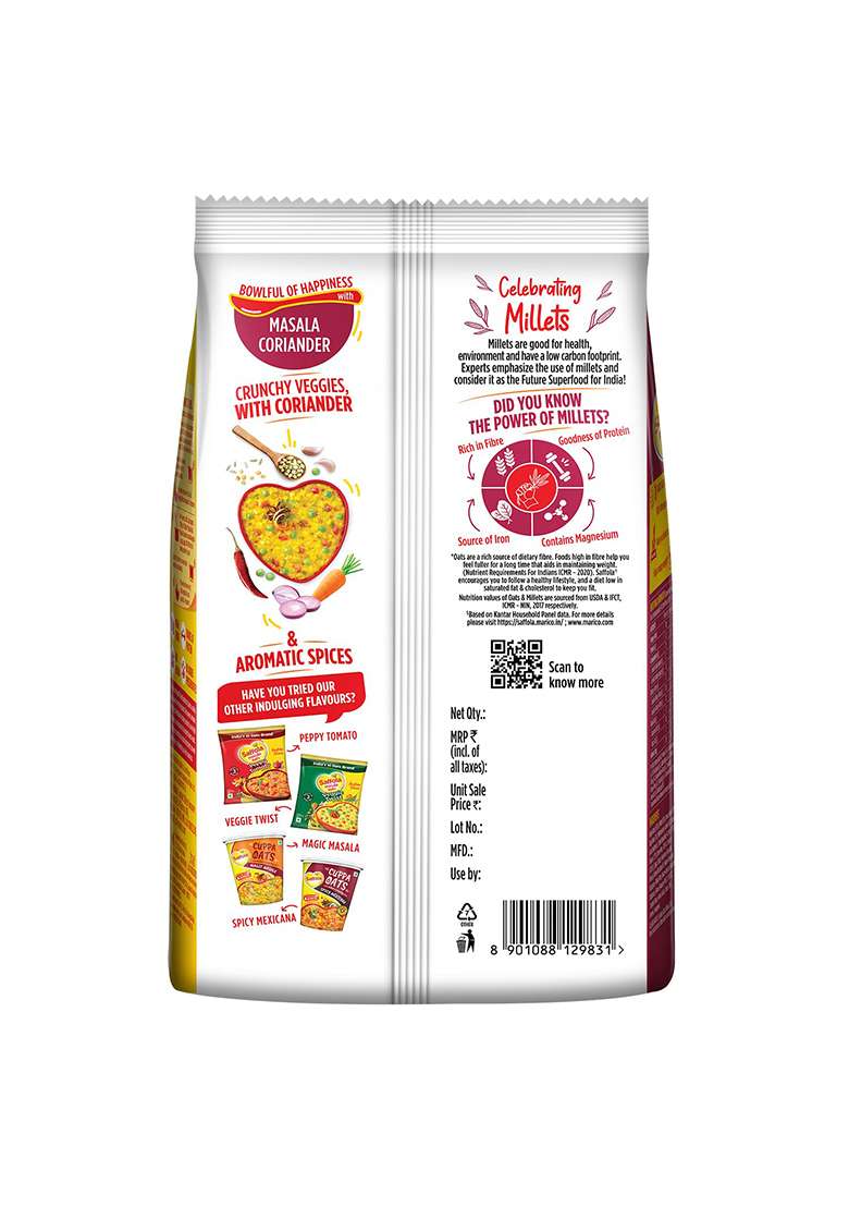 Saffola Masala Oats | 550G Coriander Tasty, Anytime Snack Ready In 3 Mins Millets Goodness- With Ragi & Jowar No Maida , Added Preservatives Helps Manage Weight - Indya