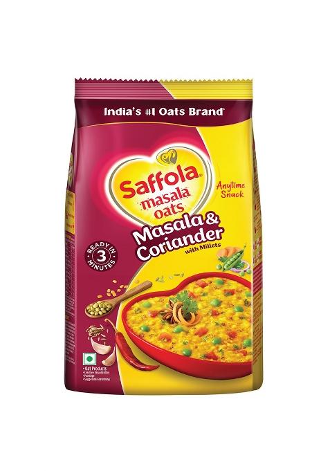 Saffola Masala Oats | 550G Coriander Tasty, Anytime Snack Ready In 3 Mins Millets Goodness- With Ragi & Jowar No Maida , Added Preservatives Helps Manage Weight