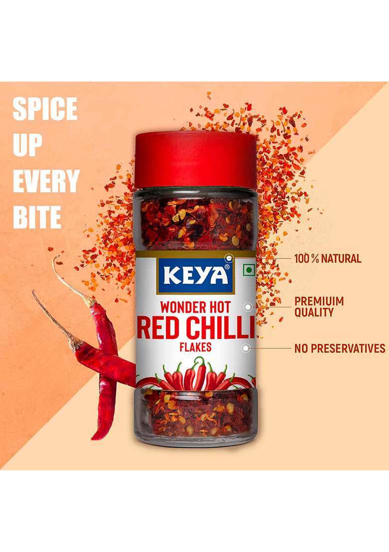 Keya Red Chilli Flakes | Dry Seasonings Aromatic Spicy Dried Pizza Pasta Seasoning Zero Added Colours, Fillers, Additives & Preservatives 100% Natural 40Gm - Indya