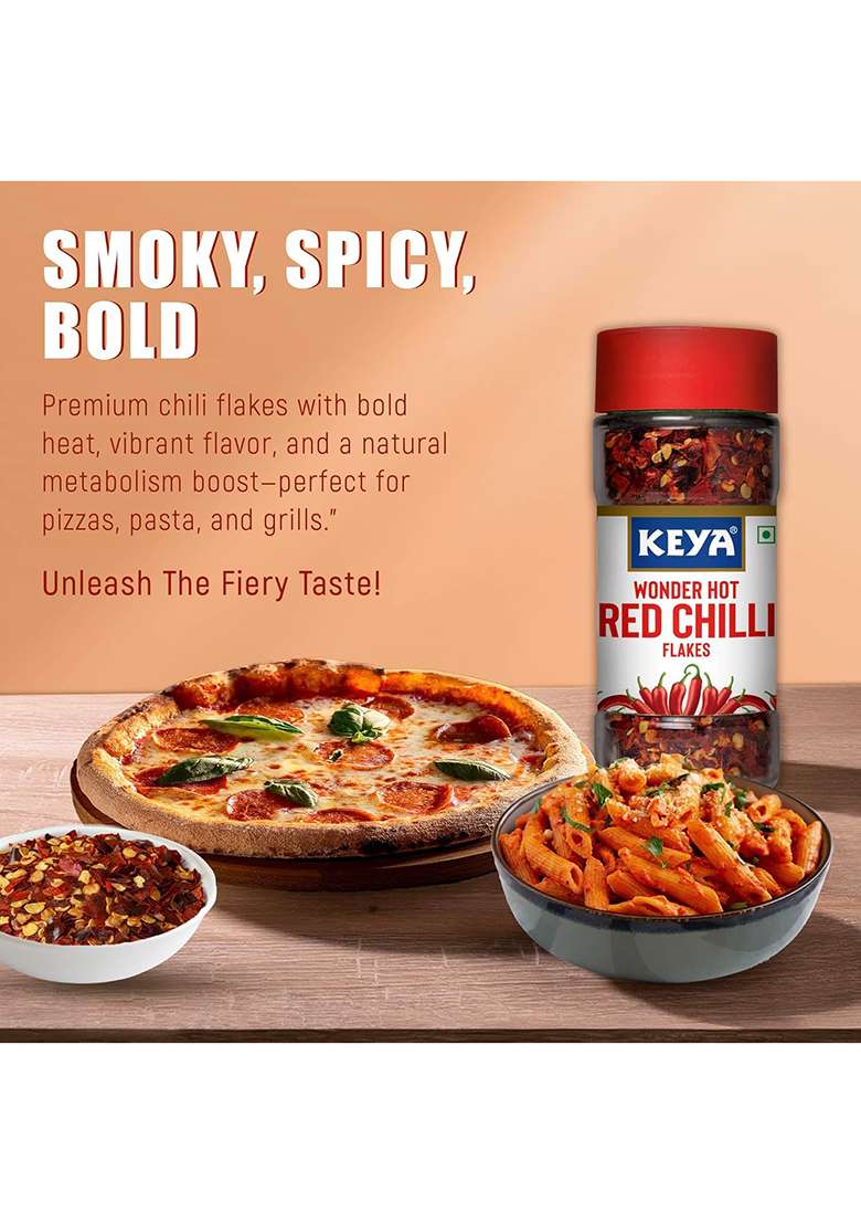 Keya Red Chilli Flakes | Dry Seasonings Aromatic Spicy Dried Pizza Pasta Seasoning Zero Added Colours, Fillers, Additives & Preservatives 100% Natural 40Gm - Indya