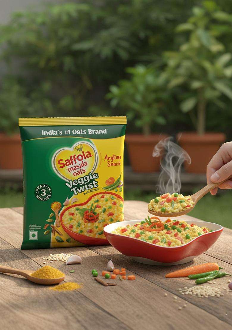 Saffola Masala Oats |38G|Veggie Twist | Tasty, Anytime Snack Ready In 3 Mins Millets Goodness- With Bajra & Jowar No Maida , Added Preservatives Helps Manage Weight - Indya
