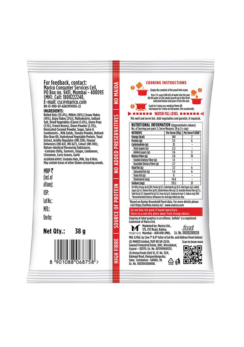 Saffola Masala Oats |38G|Veggie Twist | Tasty, Anytime Snack Ready In 3 Mins Millets Goodness- With Bajra & Jowar No Maida , Added Preservatives Helps Manage Weight - Indya