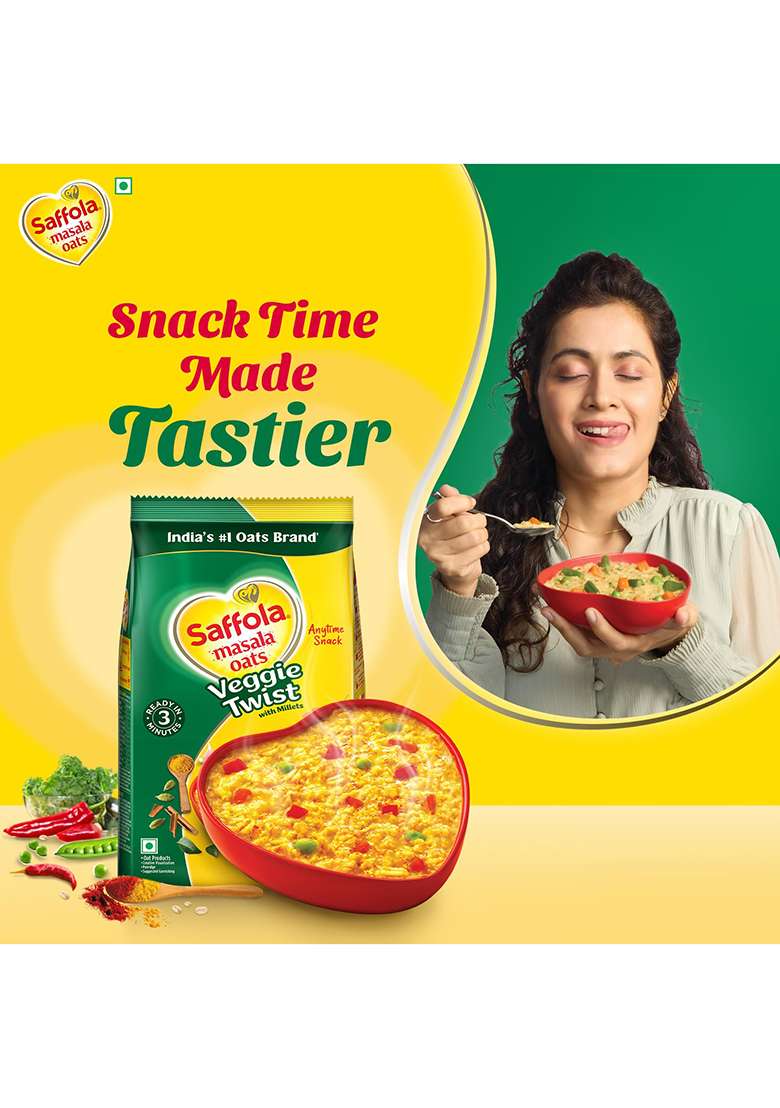 Saffola Masala Oats |38G|Veggie Twist | Tasty, Anytime Snack Ready In 3 Mins Millets Goodness- With Bajra & Jowar No Maida , Added Preservatives Helps Manage Weight - Indya