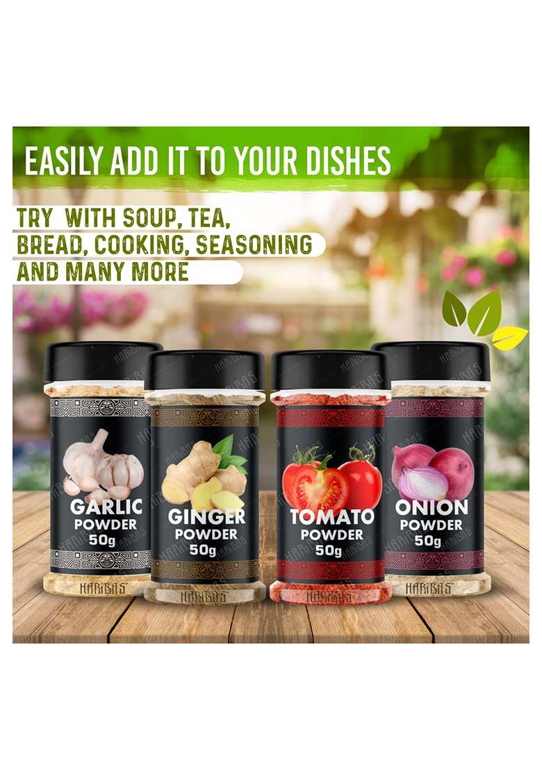 Haribas Combo Dry Onion Powder, Garlic Ginger Powder (Adrak/Sunth) And Tomato 50Gm Each | For Cooking & Baking Gluten Free Seasoning - Indya