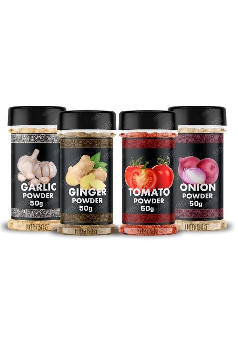 Haribas Combo Dry Onion Powder, Garlic Ginger Powder (Adrak/Sunth) And Tomato 50Gm Each | For Cooking & Baking Gluten Free Seasoning