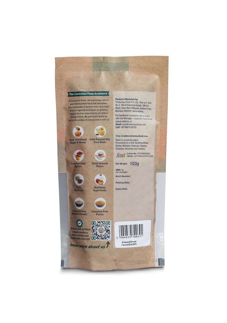Conscious Food Saunf | Fennel Seeds Aniseed 100G Certified Organic Pure & Flavorful Chemical Free Pesticides - Indya