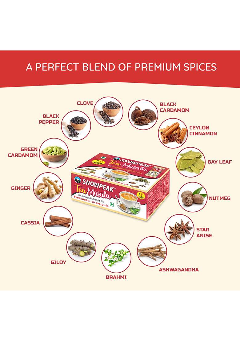Snowpeak Chai Masala | Tea Powder With Ashwagandha, Giloy & Brahmi Immunity Boosting Stress-Relief 100% Natural Spices Pack Of 3 X 50G (150G Total) 50 Pouches 1G Each - Indya