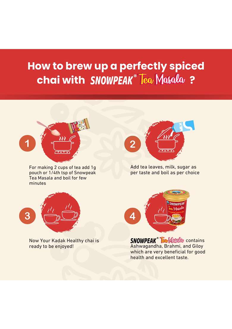 Snowpeak Chai Masala | Tea Powder With Ashwagandha, Giloy & Brahmi Immunity Boosting Stress-Relief 100% Natural Spices Pack Of 3 X 50G (150G Total) 50 Pouches 1G Each - Indya