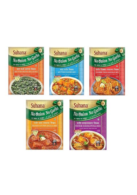 Suhana No Onion Garlic, Nong Jain Special Combo Of 1 X Paneer Tikka Masala, Mutter Paneer, Butter, Methi Malai, Makhanwala Masala Mixes.
