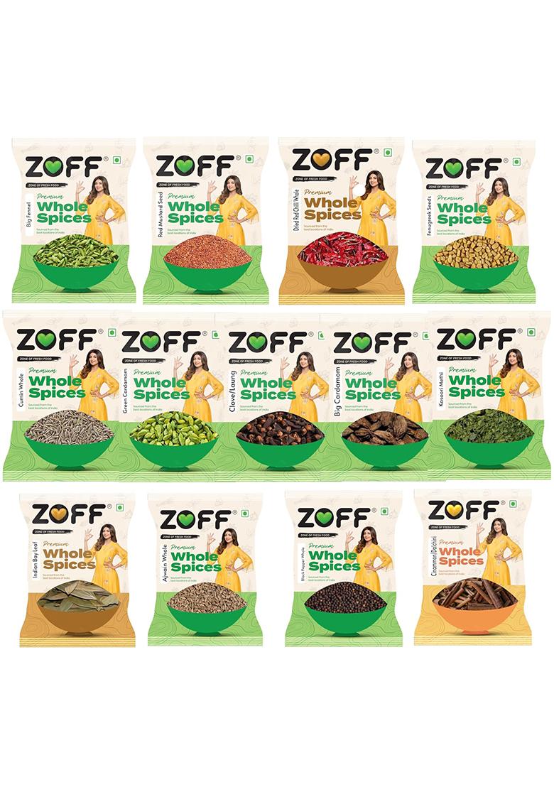 Zoff Whole Spices Pack Of 13 | Green Cardamom, Ajwain, Black Pepper, Cloves,Big Cardamom,Bay Leaves, Kasoori Methi 50 Gram Dana, Saunf