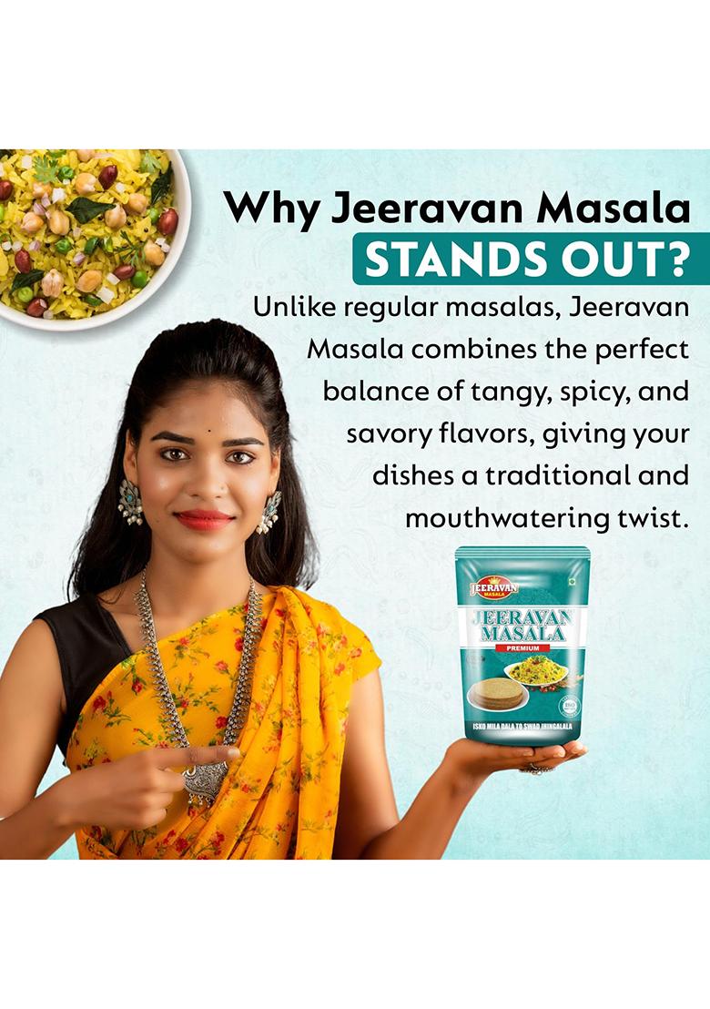 Jeeravan Masala Premium 500G | Natural Poha Powder Blend Of 32 Spices With Hing Raita, Fruit Chaat & Taste Maker Mix No Artificial Preservatives, Colors And Flavours