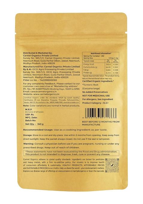 Carmel Organics Turmeric Root Powder(340 G (Pack Of 1))| Haldi Powder | Jaivik Bharat Certified Non-Gmo Chemical Free & Pesticides No Added Preservative Manjal Podi/Pasupu Podi