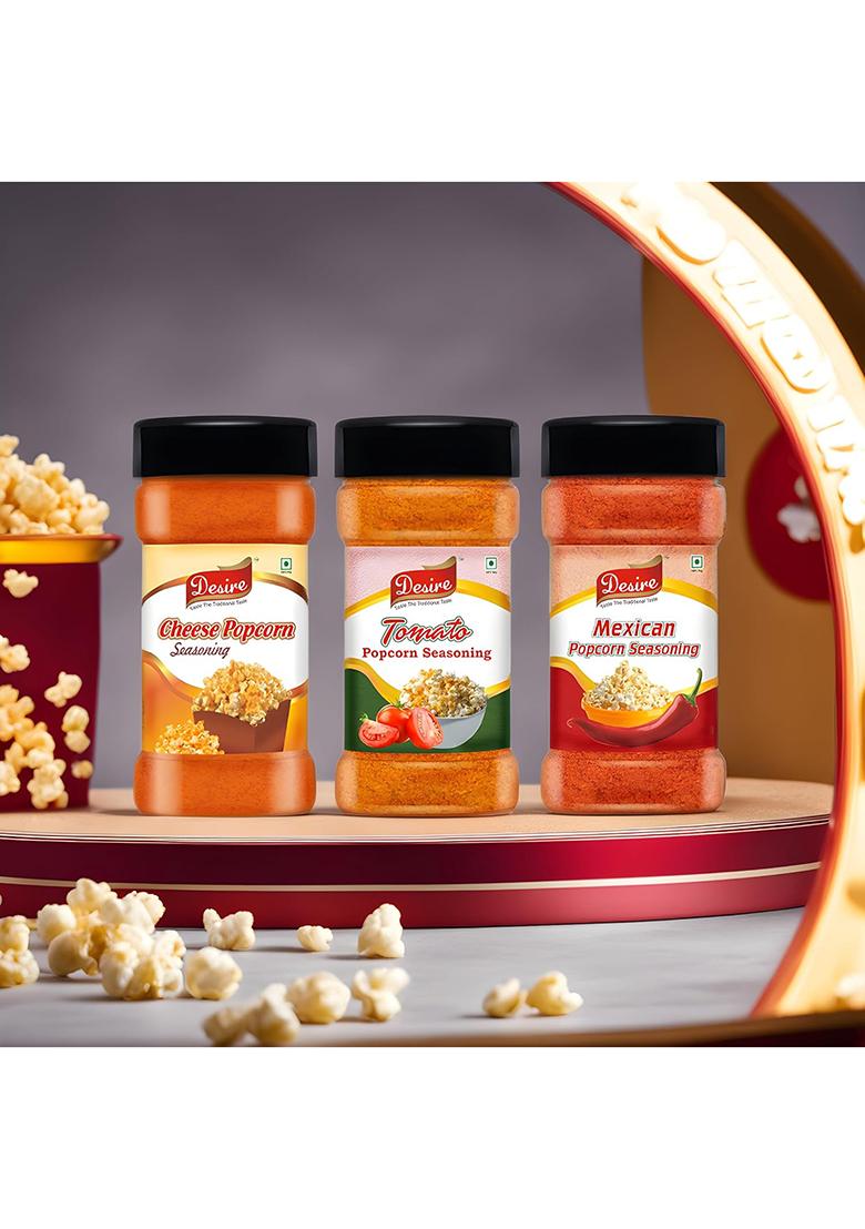 Desire Popcorn Seasonings Combo (Cheese,Tomato & Mexican) 50 Gram Each Perfect For Popcorn, Pasta, Pizza, Nachos, Fries | Rich Creamy Cheese Flavor Versatile Topping Snacks