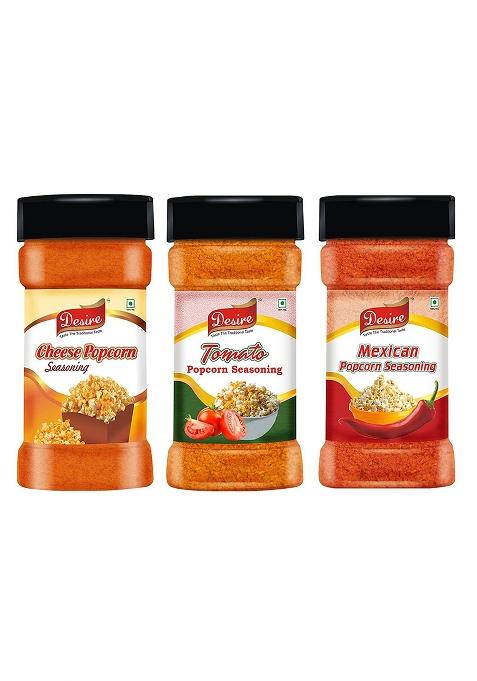 Desire Popcorn Seasonings Combo (Cheese,Tomato & Mexican) 50 Gram Each Perfect For Popcorn, Pasta, Pizza, Nachos, Fries | Rich Creamy Cheese Flavor Versatile Topping Snacks