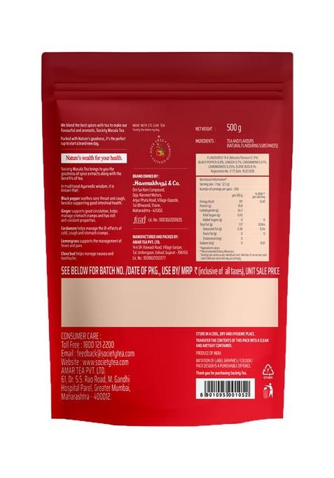 Society Tea Masala Chai | 500 G Pack Of 1 100% Assam Enriched With Cardamom Ginger Cloves Black Pepper And Lemongrass Classic Refreshing All Natural No Preservatives