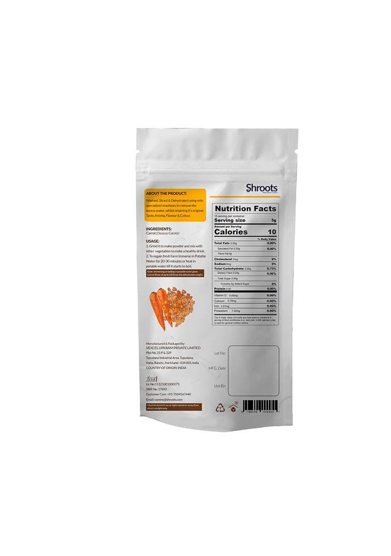 Shroots Dehydrated Carrot Flakes | 100% Natural & Machine-Dried No Preservatives, Nutrient-Rich Pure Vegetarian Ideal For Soups, Curries, Baking Instant Cooking 45G Each (Pack Of 1)