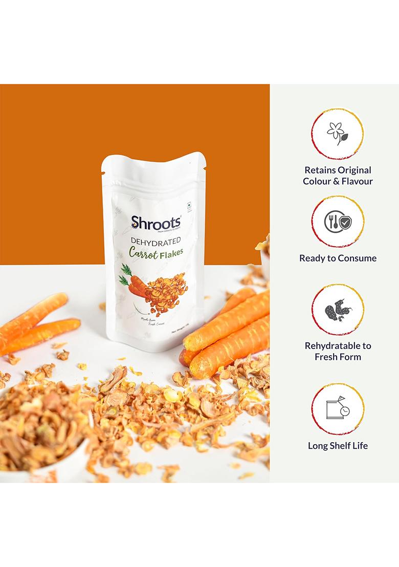 Shroots Dehydrated Carrot Flakes | 100% Natural & Machine-Dried No Preservatives, Nutrient-Rich Pure Vegetarian Ideal For Soups, Curries, Baking Instant Cooking 45G Each (Pack Of 1)