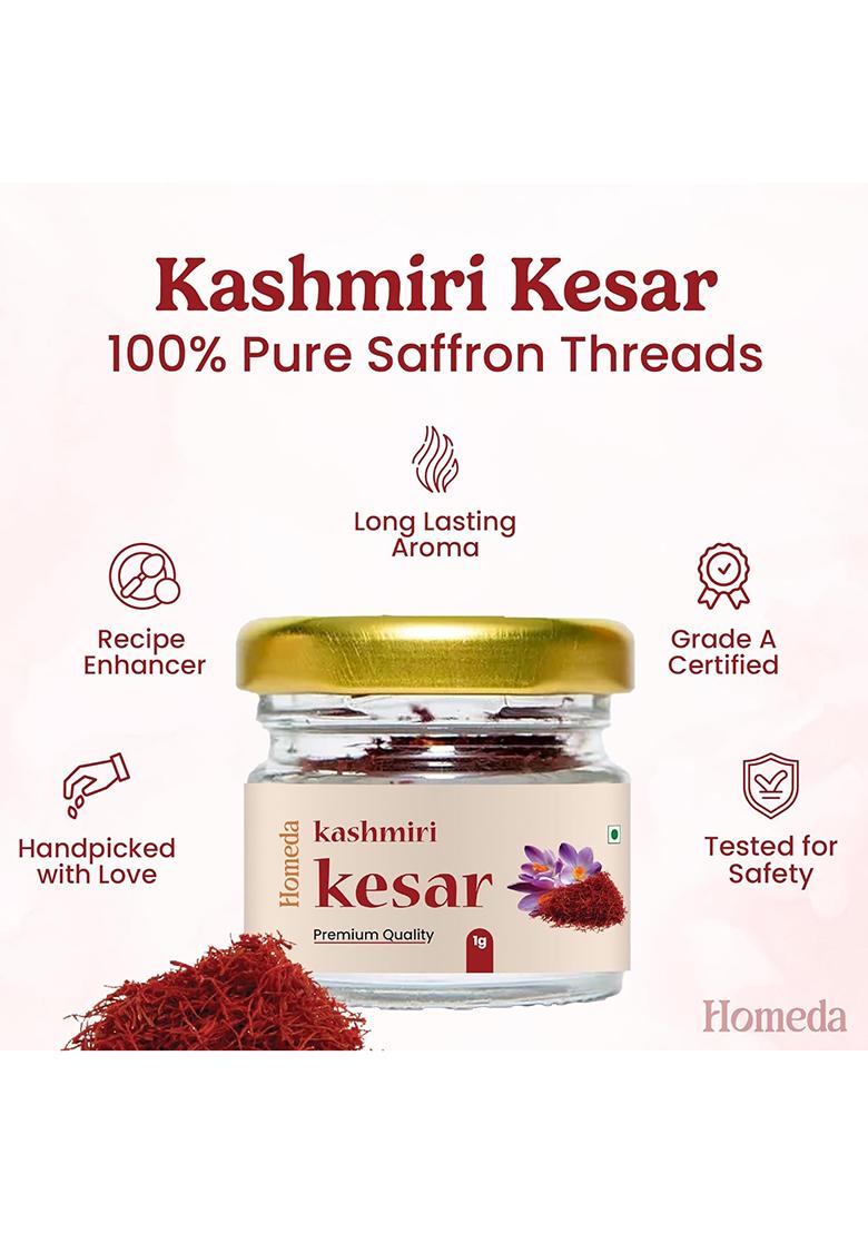 Homeda Kesar Saffron Original 1G / Pure Keshar Kashmiri | Kumkuma Puvvu Safron, Kungumapoo For Women, Zafran, Kasar, Kumkumapoovu, Keser, Certified Grade A 1 Gm