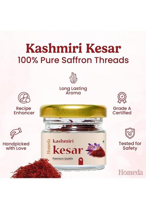 Homeda Kesar Saffron Original 1G / Pure Keshar Kashmiri | Kumkuma Puvvu Safron, Kungumapoo For Women, Zafran, Kasar, Kumkumapoovu, Keser, Certified Grade A 1 Gm