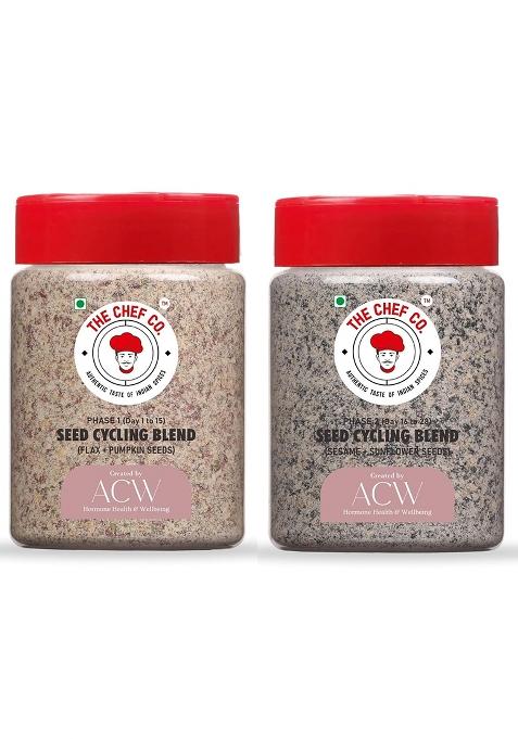 The Chef Co. & Acw Combo Of Phase 1 (150Gm) And 2 (130Gm) | Seed Cycling Mix Flax Seeds Pumpkin Blend Sesame Sunflower 100% Natural Healthy Snack