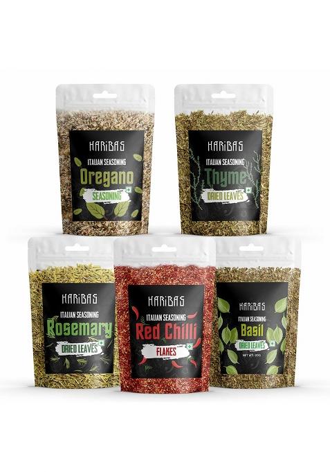 Haribas Seasonings Herbs & Spices Thyme, Basil, Chilli Flakes, Oregano Rosemary 20Gm Each | Mixed