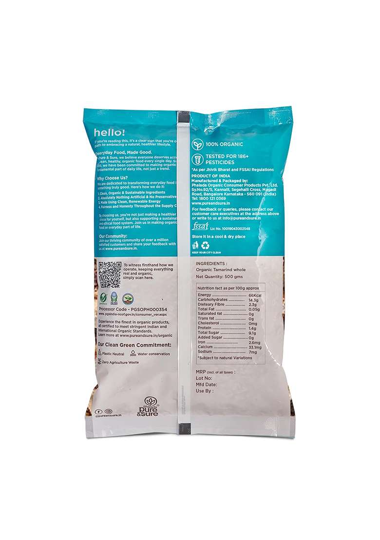 Phalada Pure & Sure Organic Seedless Tamarind (Imli) 500 G | 100% Natural Imli Tasty Tangy Flavor Perfect For Cooking, Sauces Etc No Artificial Color Preservatives - Indya