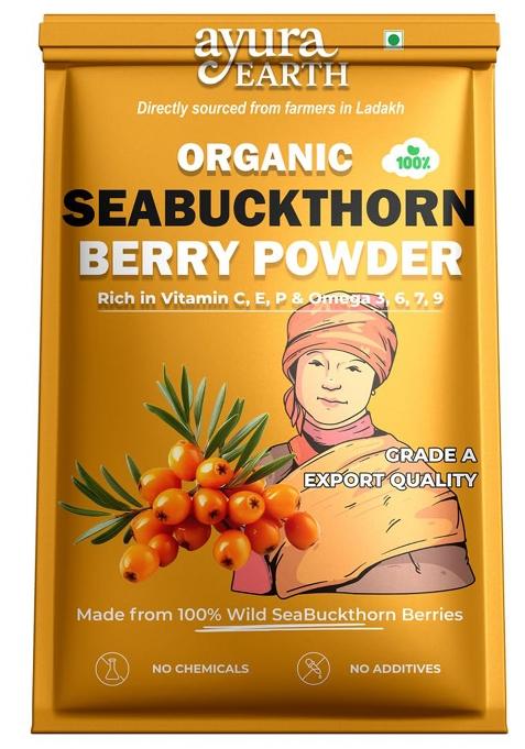 Ayuraearth Sea Buckthorn Berries Powder (100Gm) | Rich In Omega 3, 6, 7, 9 Collagen Booster High Fiber & Antioxidants Natural Vitamin C E Ladakh Immunity Skin Health Superfood Wild Harvested