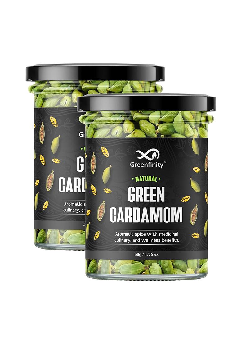 Greenfinity Whole Green Cardamom (Elaichi) 100G | 8 Mm Bold Size Premium Grade Aromatic Non-Gmo Fresh & Large Pods For Cooking, Baking Tea [50G X 2]